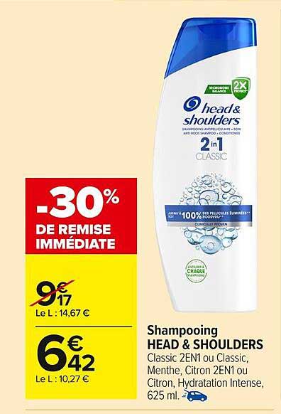 Shampooing HEAD & SHOULDERS Classic 2EN1 ou Classic, Menthe, Citron 2EN1 ou Citron, Hydratation Intense, 625 ml.