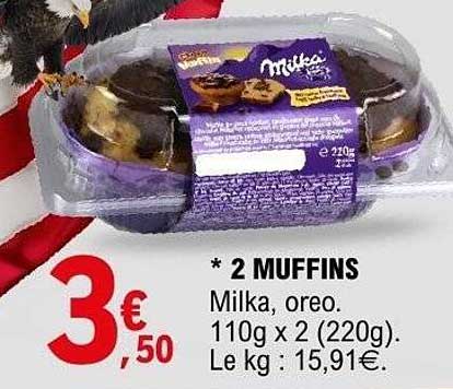 * 2 MUFFINS Milka, oreo. 110g x 2 (220g). Le kg : 15,91€.