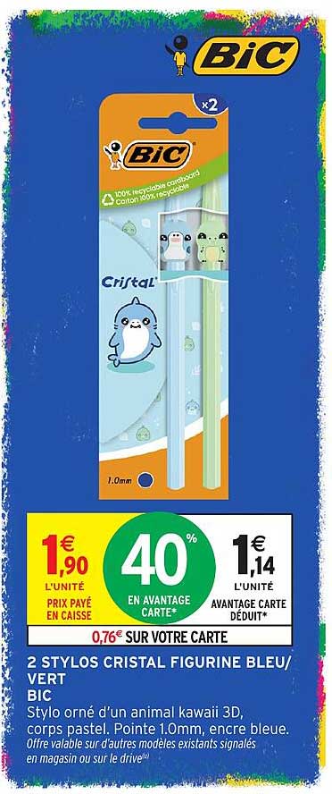 2 STYLOS CRISTAL FIGURINE BLEU/VERT BIC