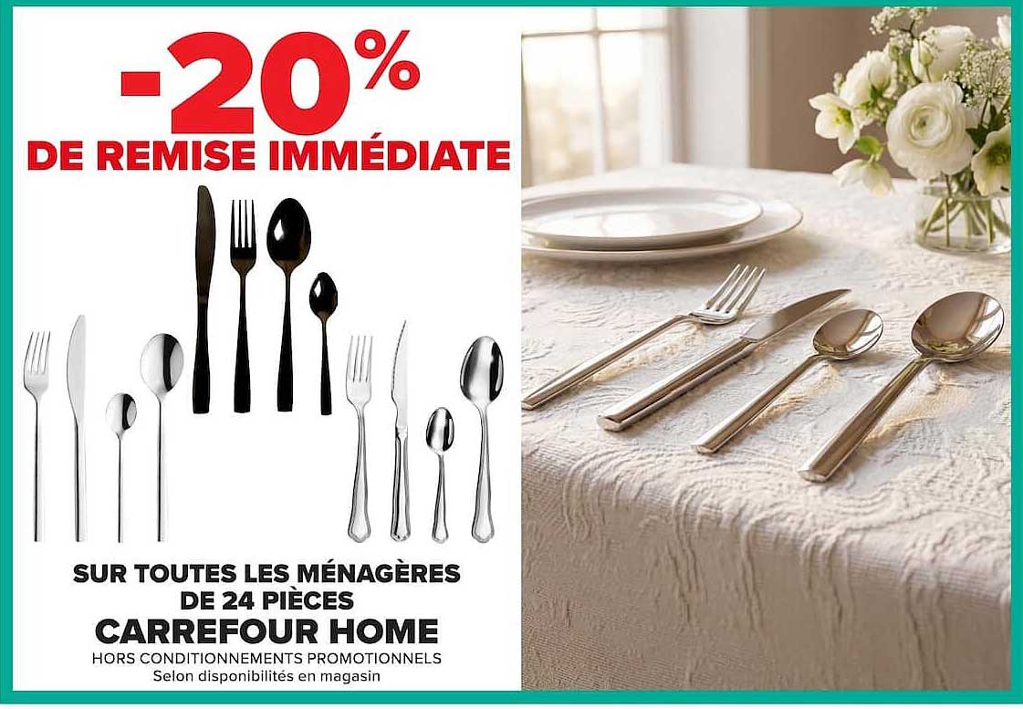 -20% DE REMISE IMMÉDIATE SUR TOUTES LES MÉNAGÈRES DE 24 PIÈCES CARREFOUR HOME