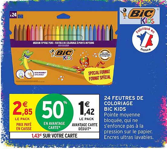 24 FEUTRES DE COLORIAGE BIC KIDS Pointe moyenne bloquée, qui ne s'enfonce pas à la pression sur le papier. Encres ultra lavables.