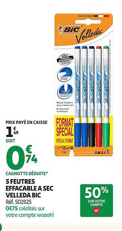5 FEUTRES EFFACABLE A SEC VELLEDA BIC