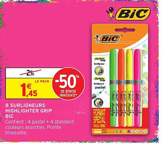 8 SURLIGNEURS HIGHLIGHTER GRIP BIC