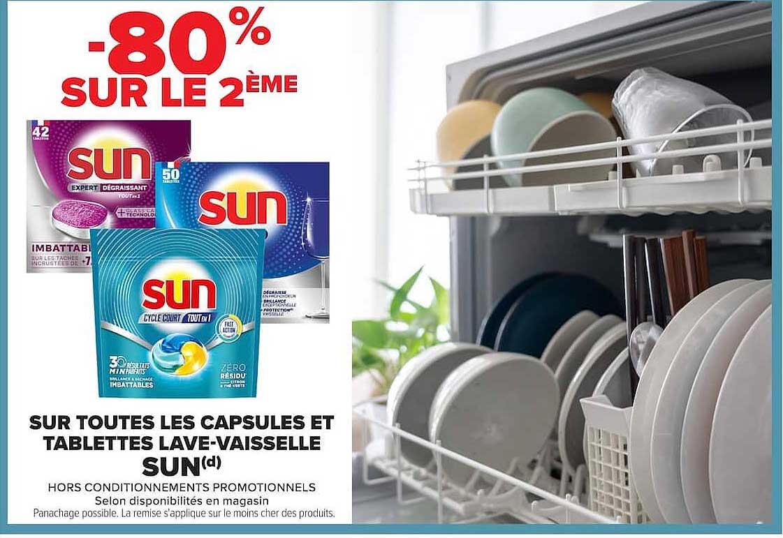 -80% SUR LE 2ÈME SUR TOUTES LES CAPSULES ET TABLETTES LAVE-VAISSELLE SUN(d)