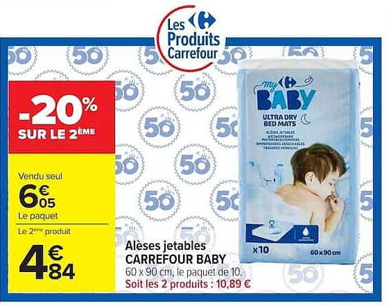 Alèses jetables CARREFOUR BABY 60 x 90 cm, le paquet de 10