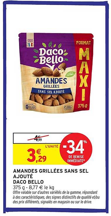 AMANDES GRILLÉES SANS SEL AJOUTÉ DACO BELLO 375 g - 8,77 € le kg