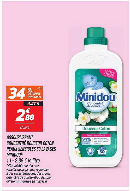 ASSOUPLISSANT CONCENTRÉ DOUCEUR COTON PEAUX SENSIBLES 50 LAVAGES MINIDOU