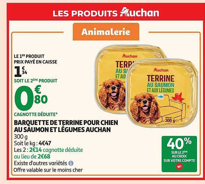 BARQUETTE DE TERRINE POUR CHIEN AU SAUMON ET LÉGUMES AUCHAN