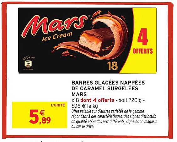 BARRES GLACÉES NAPPÉES DE CARAMEL SURGELÉES MARS x18 dont 4 offerts - soit 720 g -