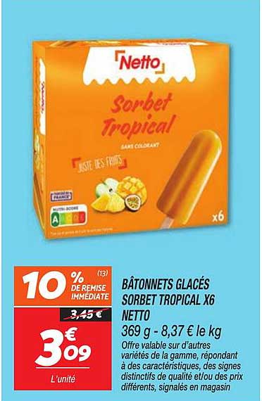 BÂTONNETS GLACÉS SORBET TROPICAL X6 NETTO
