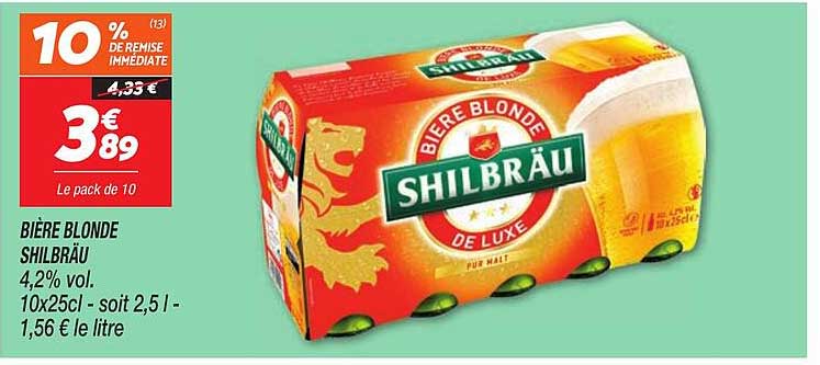 BIÈRE BLONDE SHILBRÄU 4,2% vol. 10x25cl - soit 2,5 l - 1,56 € le litre
