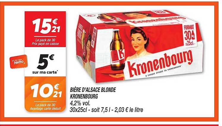 BIÈRE D'ALSACE BLONDE KRONENBOURG 4,2% vol. 30x25cl - soit 7,5 l - 2,03 € le litre