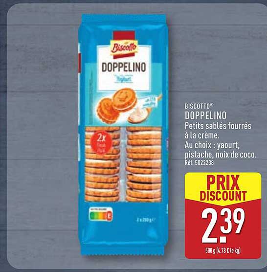 BISCOTTO® DOPPELINO Petits sablés fourrés à la crème. Au choix : yaourt, pistache, noix de coco