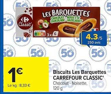 Biscuits Les Barquettes CARREFOUR CLASSIC' Chocolat - Noisette, 120 g