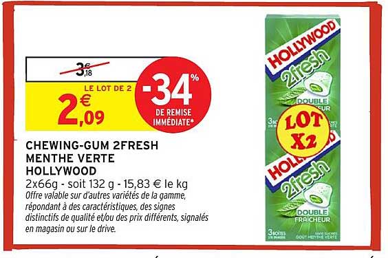 CHEWING-GUM 2FRESH MENTHE VERTE HOLLYWOOD