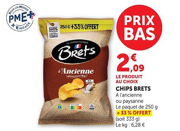 CHIPS BRET'S A l'ancienne ou paysanne Le paquet de 250 g + 33% OFFERT
