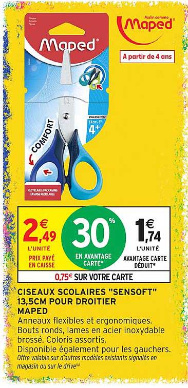 CISEAUX SCOLAIRES "SENSOFT" 13,5CM POUR DROITIER MAPED