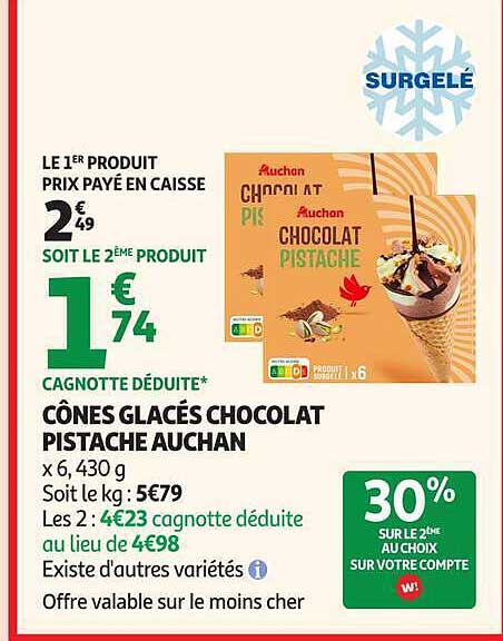 CÔNES GLACÉS CHOCOLAT PISTACHE AUCHAN