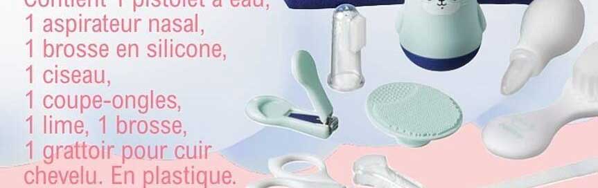 Contient 1 pistolet à eau, 1 aspirateur nasal, 1 brosse en silicone, 1 ciseau, 1 coupe-ongles, 1 lime, 1 brosse, 1 grattoir pour cuir chevelu. En plastique.