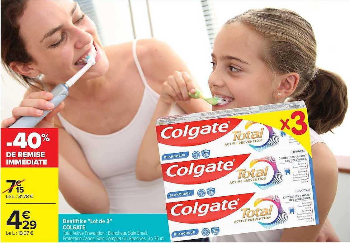 Dentifrice "Lot de 3" COLGATE Total Active Prevention : Blancheur, Soin Email, Protection Caries, Soin Complet Ou Gencives, 3 x 75 ml