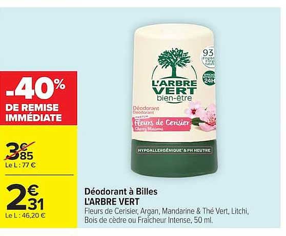 Déodorant à Billes L'ARBRE VERT Fleurs de Cerisier, Argan, Mandarine & Thé Vert, Litchi, Bois de cèdre ou Fraîcheur Intense, 50 ml.