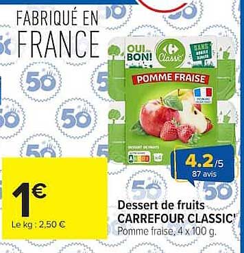 Dessert de fruits CARREFOUR CLASSIC' Pomme fraise, 4 x 100 g.