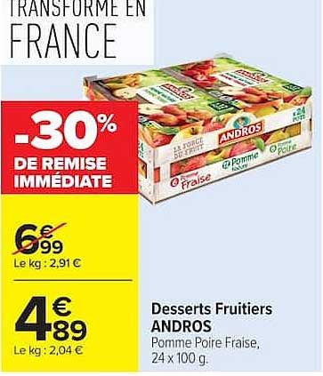 Desserts Fruitiers ANDROS Pomme Poire Fraise, 24 x 100 g.