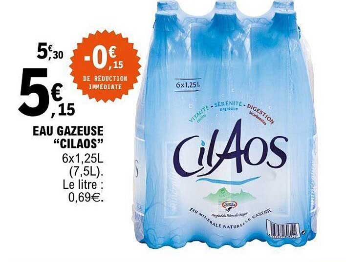 EAU GAZEUSE “CILAOS” 6x1,25L (7,5L). Le litre : 0,69€.