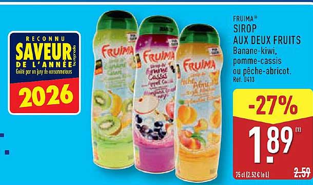 FRUIMA® SIROP AUX DEUX FRUITS Banane-kiwi, pomme-cassis ou pêche-abricot. Réf. 0413