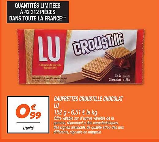 GAUFRETTES CROUSTILLE CHOCOLAT LU 152 g - 6,51 € le kg
