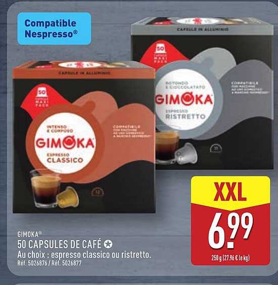GIMOKA 50 CAPSULES DE CAFÉ Au choix : espresso classico ou ristreto. Réf. 5026876 / Réf. 5026877