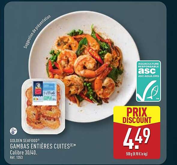 GOLDEN SEAFOOD® GAMBAS ENTIÈRES CUITES(*) Calibre 30/40. Réf. 1353