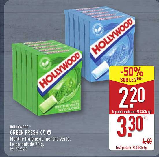 HOLLYWOOD GREEN FRESH X5 Menthe fraîche ou menthe verte. Le produit de 70 g.