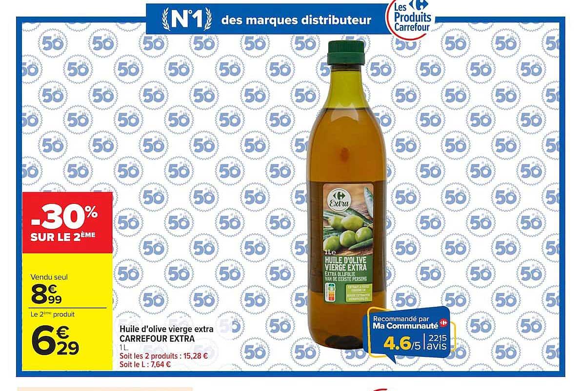 Huile d'olive vierge extra CARREFOUR EXTRA 1 L -30% sur le 2ème
