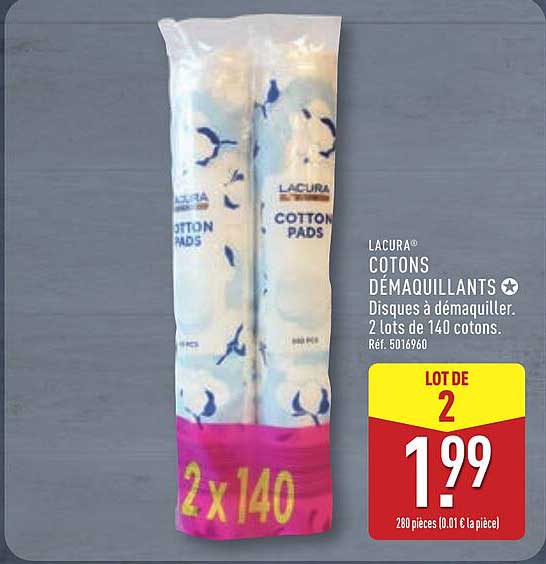 LACURA® COTONS DEMAQUILLANTS Disques à démaquiller. 2 lots de 140 cotons. Réf. 5016960