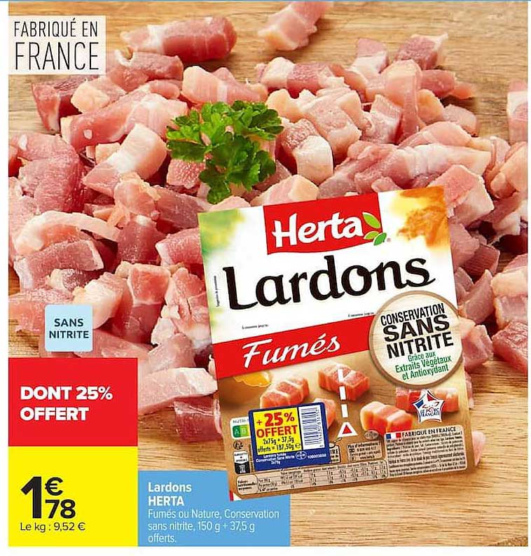 Lardons HERTA Fumés ou Nature, Conservation sans nitrite, 150 g + 37,5 g offerts.