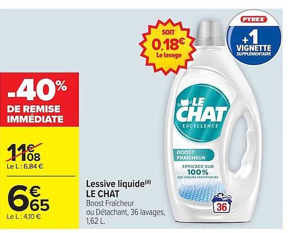 Lessive liquide LE CHAT Boost Fraîcheur ou Détachant, 36 lavages, 1,62 L