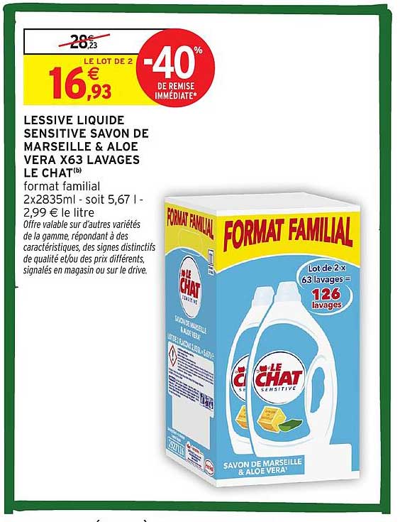 LESSIVE LIQUIDE SENSITIVE SAVON DE MARSEILLE & ALOE VERA X63 LAVAGES LE CHAT(b)