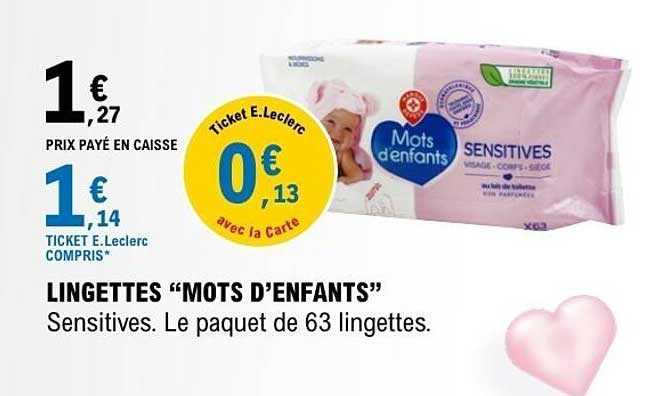 LINGETTES “MOTS D’ENFANTS” Sensitives. Le paquet de 63 lingettes.