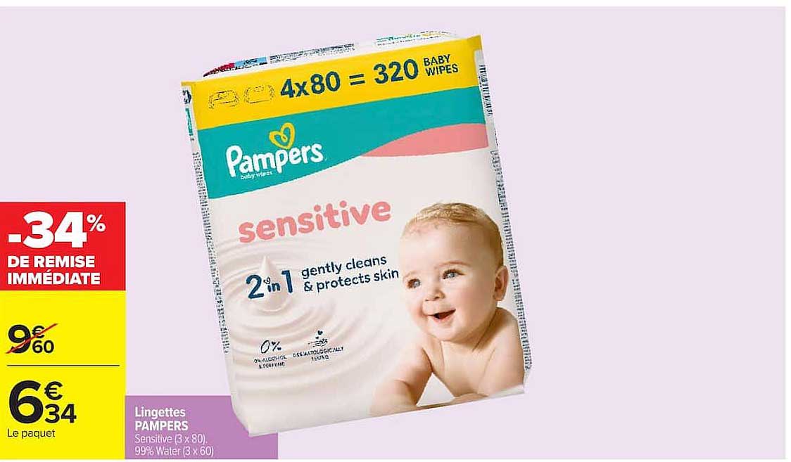 Lingettes PAMPERS Sensitive (3 x 80), 99% Water (3 x 60)