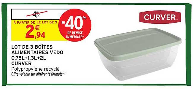 LOT DE 3 BOÎTES ALIMENTAIRES VEDO 0.75L+1.3L+2L CURVER