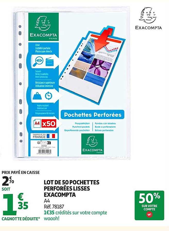 LOT DE 50 POCHETTES PERFORÉES LISSES EXACOMPTA