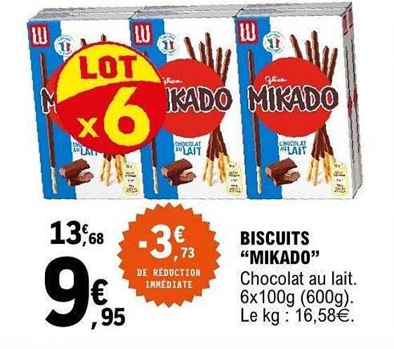 LOT x 6 BISCUTS "MIKADO" Chocolat au lait. 6x100g (600g). Le kg : 16,58€.