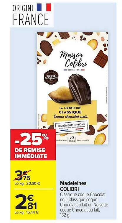 Madeleines COLIBRI Classique coque Chocolat noir, Classique coque Chocolat au lait ou Noisette coque Chocolat au lait, 182 g.