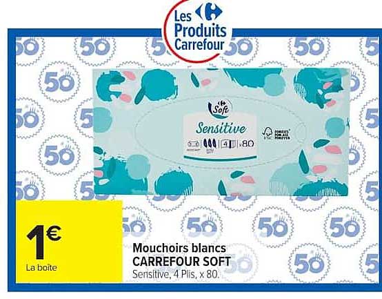Mouchoirs blancs CARREFOUR SOFT Sensitive, 4 Plis, x 80.
