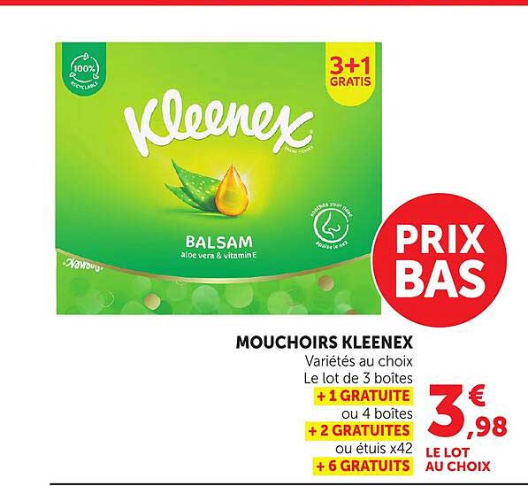 MOUCHOIRS KLEENEX Variétés au choix Le lot de 3 boîtes +1 GRATUITE ou 4 boîtes +2 GRATUITES ou étuis x42 +6 GRATUITS