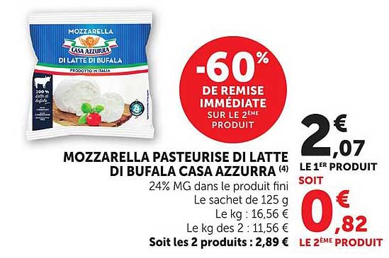 MOZZARELLA PASTEURISE DI LATTE DI BUFALA CASA AZZURRA