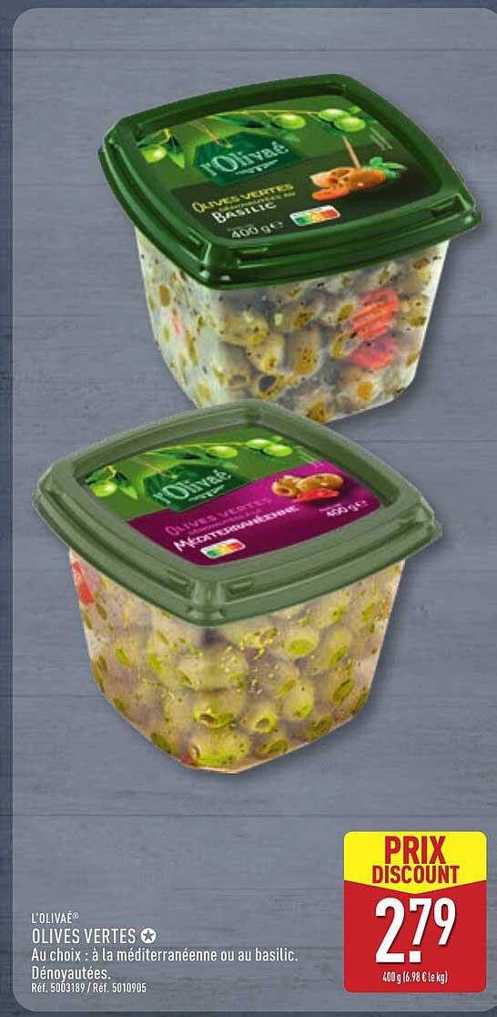 OLIVAE® OLIVES VERTES • Au choix : à la méditerranéenne ou au basilic. Dénoyautées.