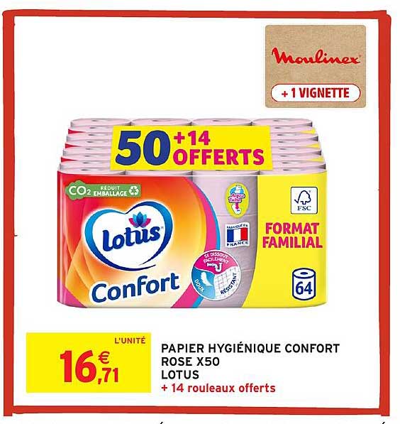 PAPIER HYGIÉNIQUE CONFORT ROSE X50 LOTUS + 14 rouleaux offerts