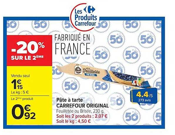 Pâte à tarte CARREFOUR ORIGINAL Feuilletée ou Brisée, 230 g